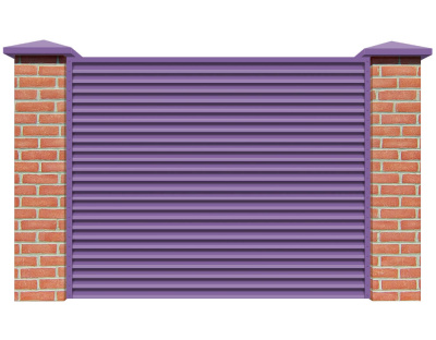 Секция забора жалюзи из ламелей Жалюзи ЭКО-Z RAL4005 Сиреневый с кирпичными столбами анфас